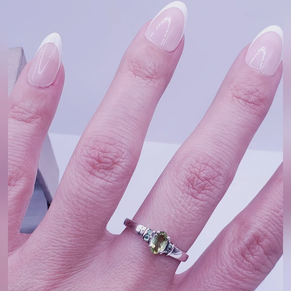 Genuine Green Oval Peridot 925 Sterling Silver Dainty Stackable Ring